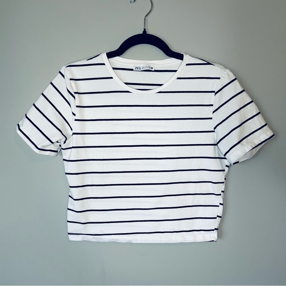 Zara Monochrome Black and White Striped cropped Tee